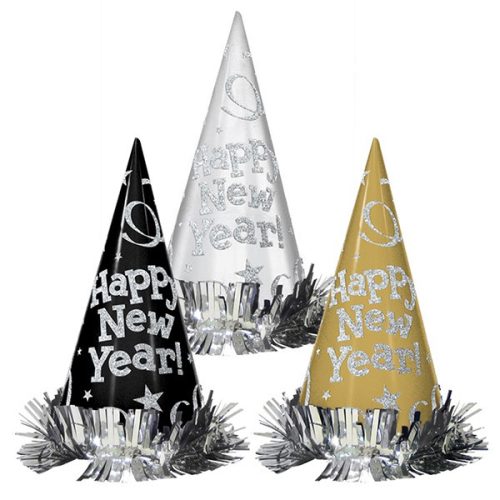 Szilveszteri csákó - Happy New Year Glitteres kalap, 12 db-os