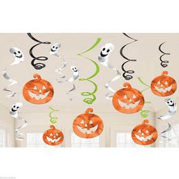 Függő Dekoráció Halloween -Vidám - Mosolygó Tökök és Szellemek, 12 db-os