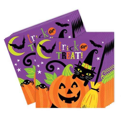 Szalvéta - Vidám Boszorkány és Tökfej Mintás - Halloween - 33 cm x 33 cm, 16 db-os