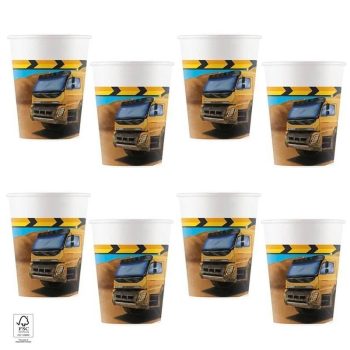  Parti Pohár - Buldózer és Dömper - Teherautó Mintás Papír - 200 ml, 8 db-os