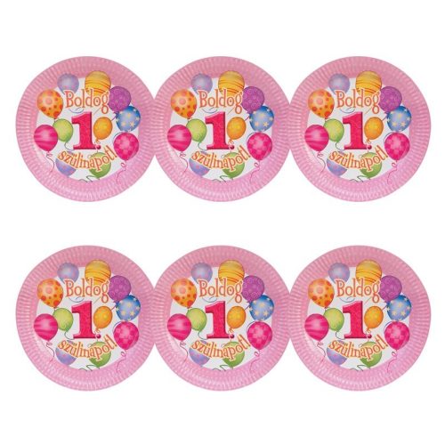 Parti Tányér - Boldog 1. Szülinapot! Léggömbös Rózsaszín Lányos, 23 cm, 6 db-os