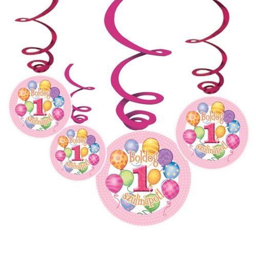 Függő dekoráció - Boldog 1. Szülinapot! Léggömbös Rózsaszín Lányos - 6 db