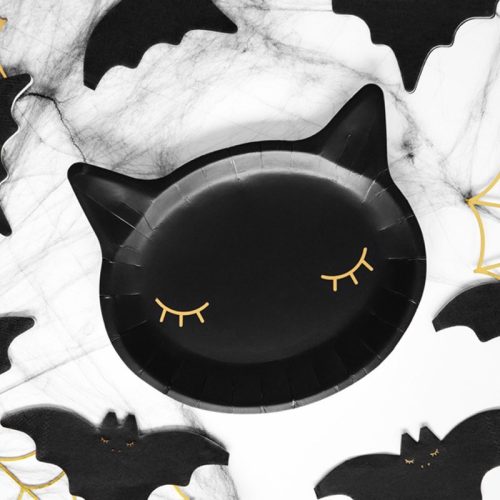 Papír tányér - Fekete Cicafej Formájú Halloween-re - 22 cm, 6 db-os