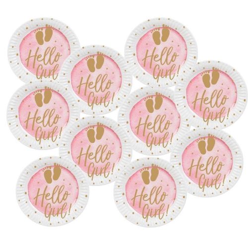 Parti tányér - Hello Girl Papír - Babaszületésre - 23 cm, 10 db-os