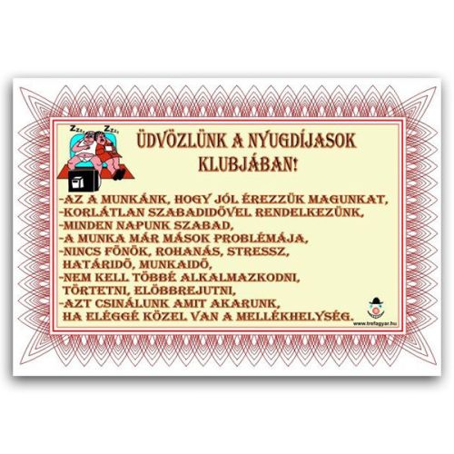 Oklevél - Üdvözlünk a nyugdíjasok klubjában